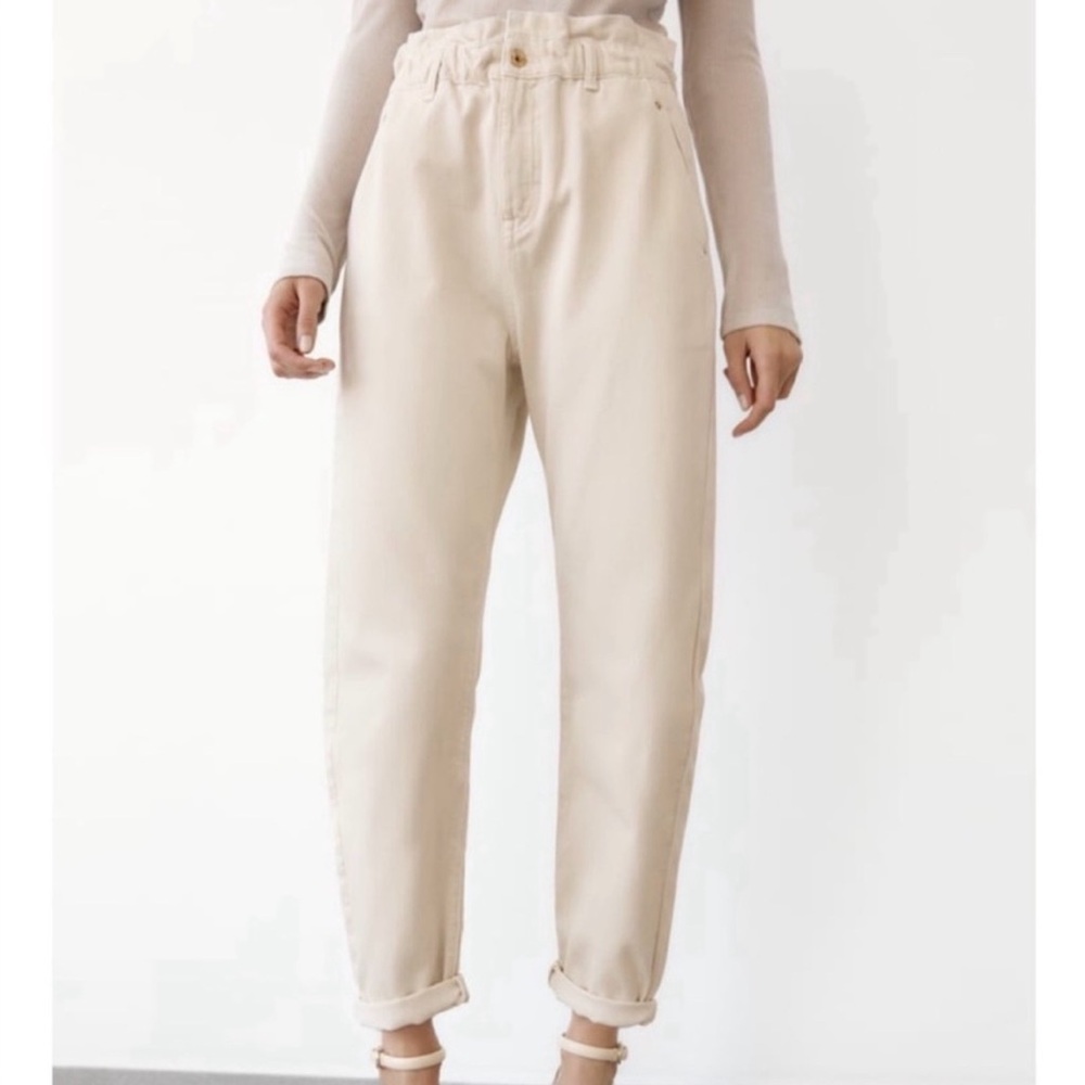 Zara Baggy Paper Bag Jeans 2 Ivory Elastic Waist Tapered Balloon Jeans 34